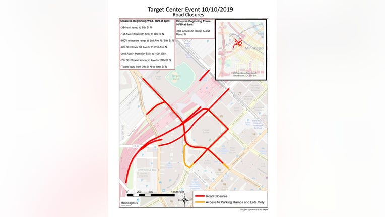 Minneapolis road closures Trump Target Center