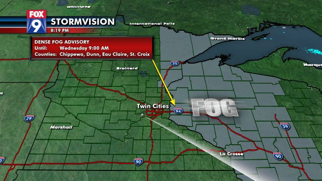 Dense Fog Advisory in place east of Twin Cities overnight Tuesday
