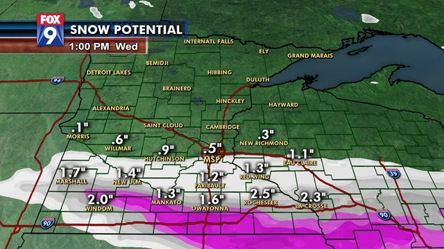 3-5 inches of snow possible along I-90 overnight, less than an inch for the Twin Cities area
