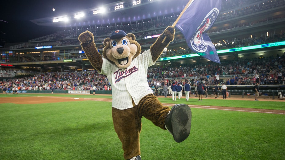 T.C., the Minnesota Twins mascot, encourages the crowd before a