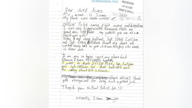 Boy writes to St. Paul police to thank them for finding his stolen cell phone