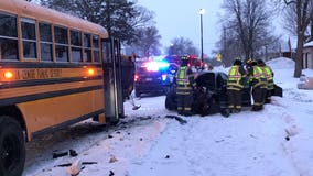 Sauk Centre school bus with no students aboard crashes head-on into car