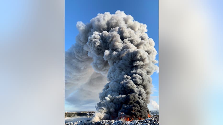 The Becker, Minn. fire at Northern Metals rages on Wednesday. 
