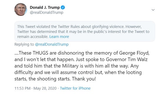 Twitter slaps warning on Pres. Trump tweet threatening use of force to control Minneapolis riots