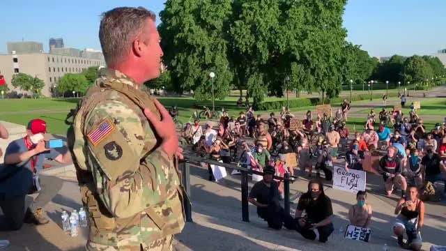 National Guard soldier earns applause from protesters after remarks outside State Capitol