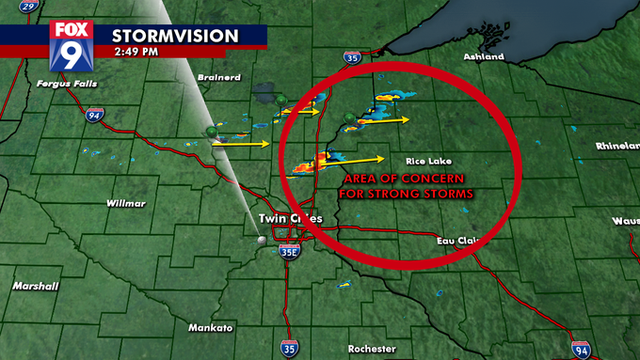 Thunderstorms with potential for funnel clouds moving east across central MN into WI