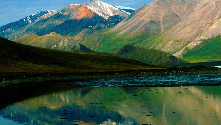 Alaska, ANWR, Franklin Mountains, Brooks Range reflected in Schrader Lake