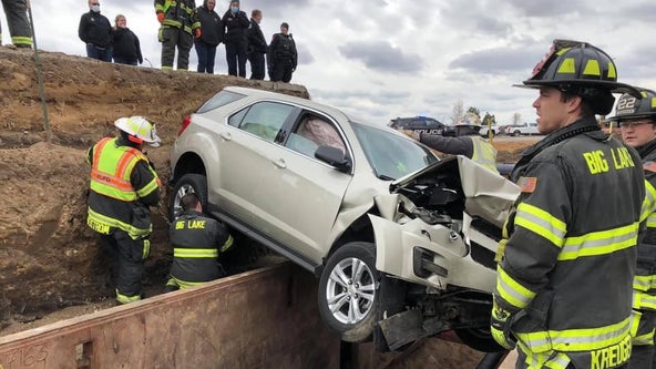 Driver rescued after vehicle crashes into trench in Big Lake, Minn., narrowly missing gas line
