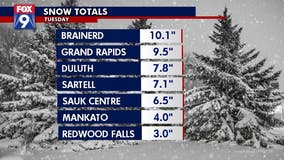 Snow totals: 10 inches in Brainerd, 3 to 6 in Twin Cities