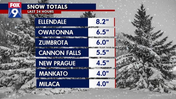 Snow totals: Heaviest snow in southern Minnesota, metro gets 2-5"