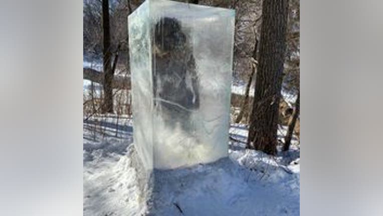 Frozen caveman sculpture appears on Minneapolis trail