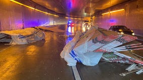 Drywall spilled in crash blocking lanes Lowry Hill Tunnel on I-94