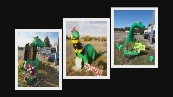 Dressed up dinosaur turns heads at Minnesota gas station