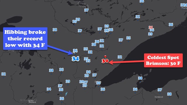 Temps dip to as low as 30 degrees in northern Minnesota Thursday