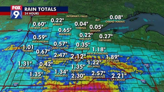 Rain totals: Twin Cities metro gets over 2 inches in 24 hours