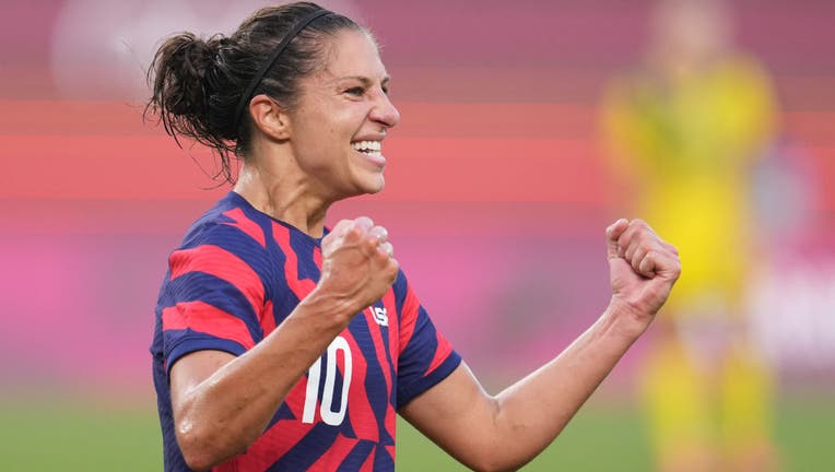 FILE - Carli Lloyd #10 of the United States celebrates scoring during a game between Australia and USWNT at Kashima Soccer Stadium on Aug. 5, 2021, in Kashima, Japan. (Photo by Brad Smith/ISI Photos/Getty Images)