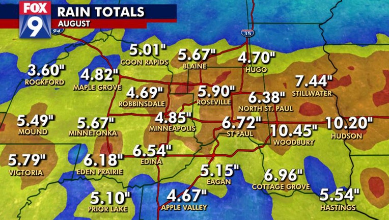 Rain totals for August in Twin Cities metro.