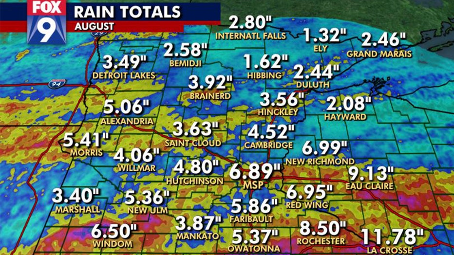 Rain totals across Minnesota in August.