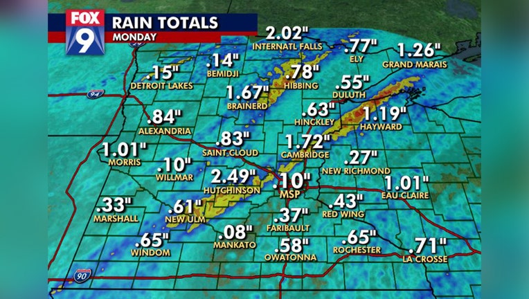 Rain totals across Minnesota on Monday, Sept. 20.