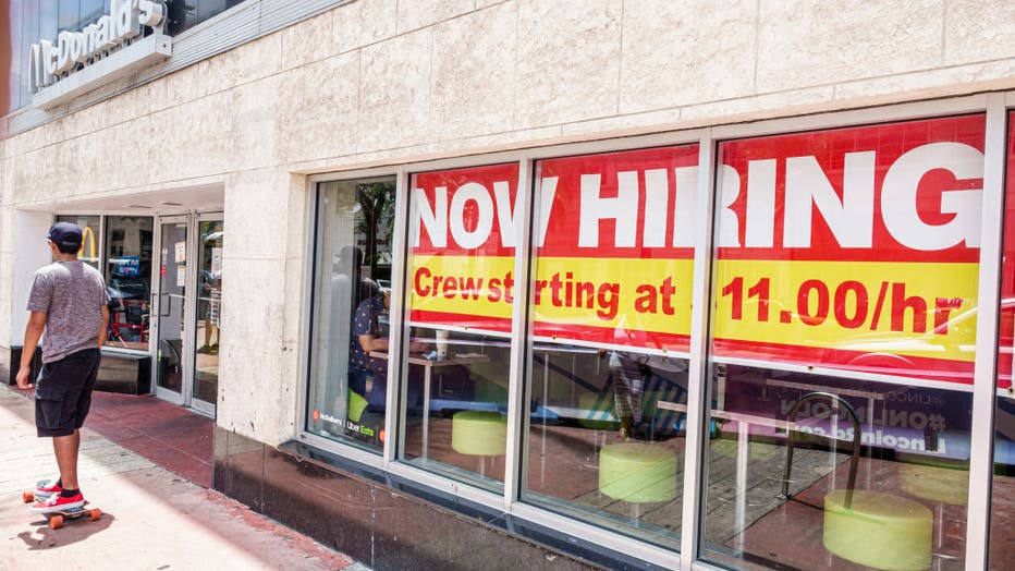 Miami Beach, Florida, McDonald's restaurant, now hiring sign, starting at $11 an hour