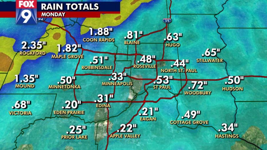 Rain totals in the Twin Cities metro on Monday, Sept. 20.