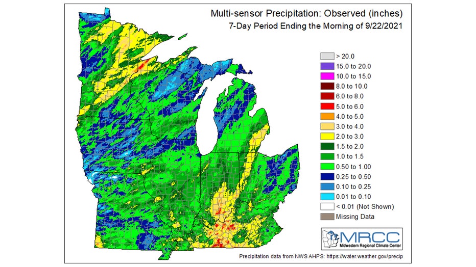Rainfall over the last seven days.
