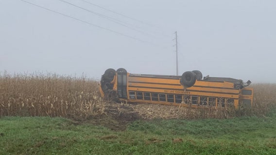 Bus flips over in heavy fog Friday morning in Stearns County