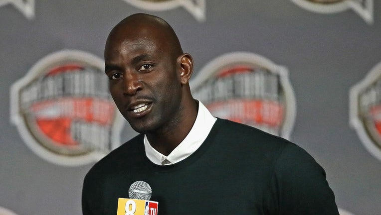 CHICAGO, ILLINOIS - FEBRUARY 14: Kevin Garnett, a finalist for the 2020 Naismith Memorial Basketball Hall of Fame, speaks during a ceremony announcing the finalists at the United Center on February 14, 2020 in Chicago, Illinois. NOTE TO USER: User expressly acknowledges and agrees that, by downloading and or using this photograph, User is consenting to the terms and conditions of the Getty Images License Agreement. (Photo by Jonathan Daniel/Getty Images)