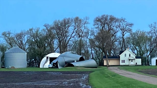 Man killed when storm topples grain bin in western Minnesota