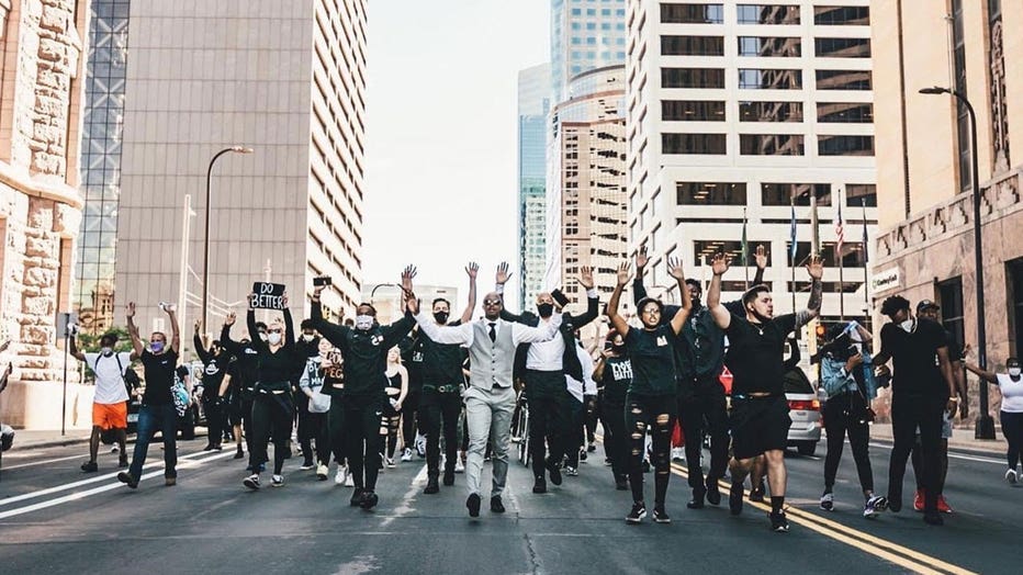 PJ Hill leads a protest for racial justice in Minneapolis following the murder of George Floyd in 2020. (Photo provided)