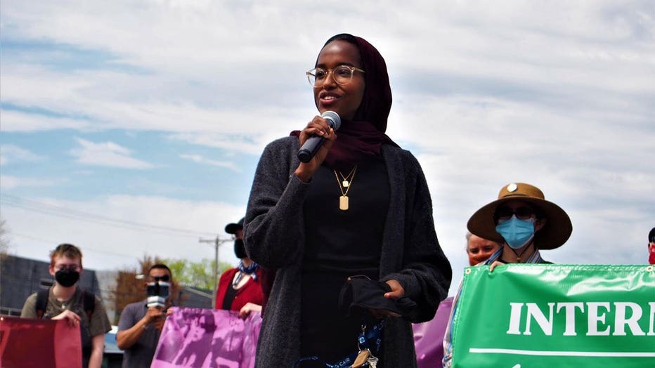 Zaynab Mohamed speaks at a march during protests following the murder of George Floyd in May of 2020.
