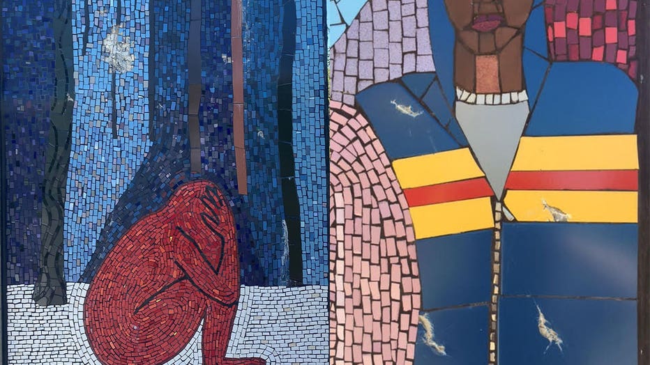 Photos show visible gashes made to two mosaic art pieces