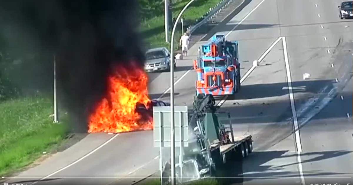 Video: Pick-up truck bursts into flames after being hit by semi on I-35 ...