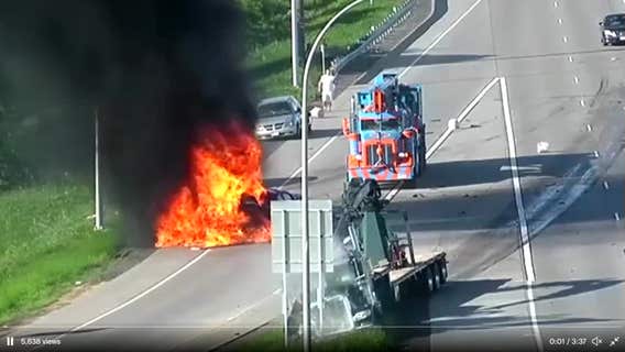 Video: Pick-up truck bursts into flames after being hit by semi on I-35