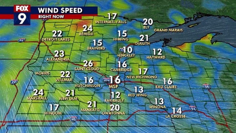 Minnesota map with wind speeds