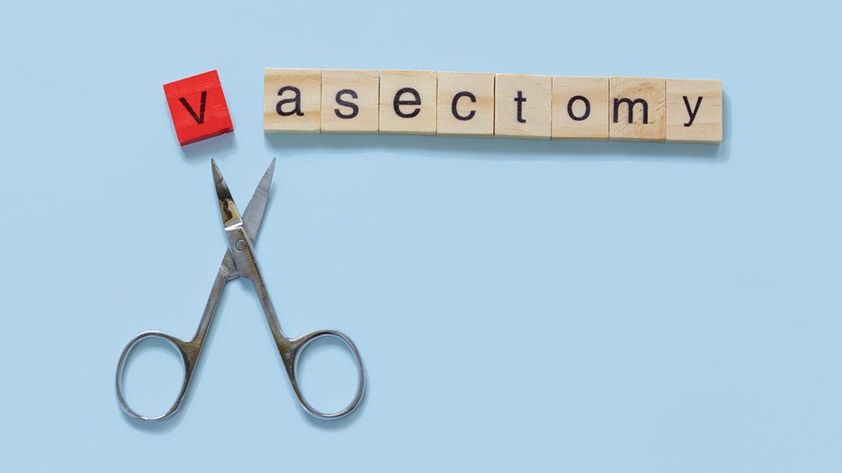 the word vasectomy made with wooden tiles on a blue background; V is red and scissors are under the word