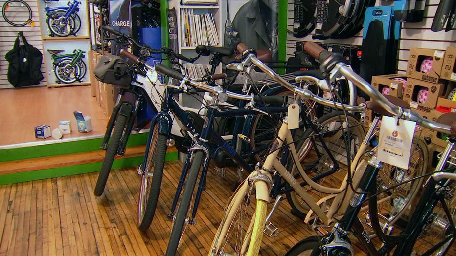 Bikes lined up at a shop