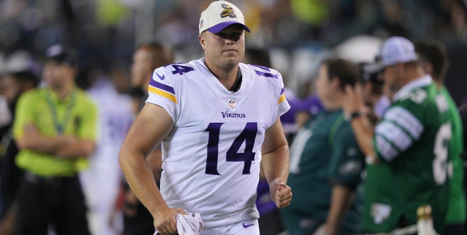 Minnesota Vikings punter Ryan Wright (14) celebrates after a play during an  NFL football game against the New Orleans Saints at Tottenham Hotspur  Stadium, Sunday, Oct. 2, 2022, in London. The Minnesota