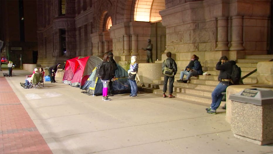 Tents have been set up outside Minneapolis City Hall.