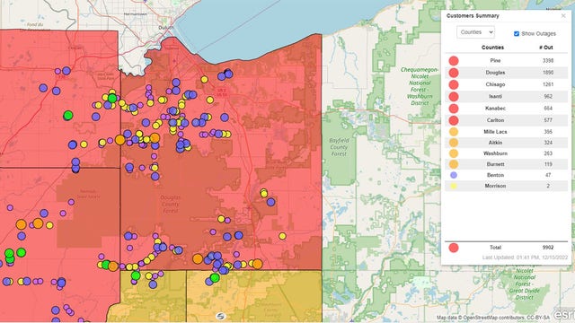 Several counties reporting power outages in central and northeastern Minnesota