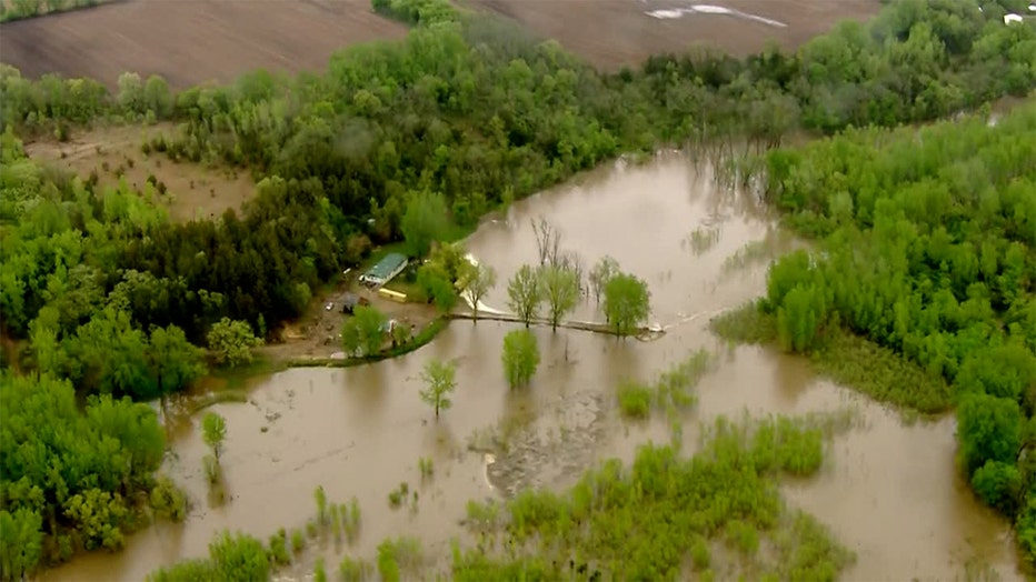 Helicopter footage of flooding just south of Henderson, off state Highway 93. (FOX 9)