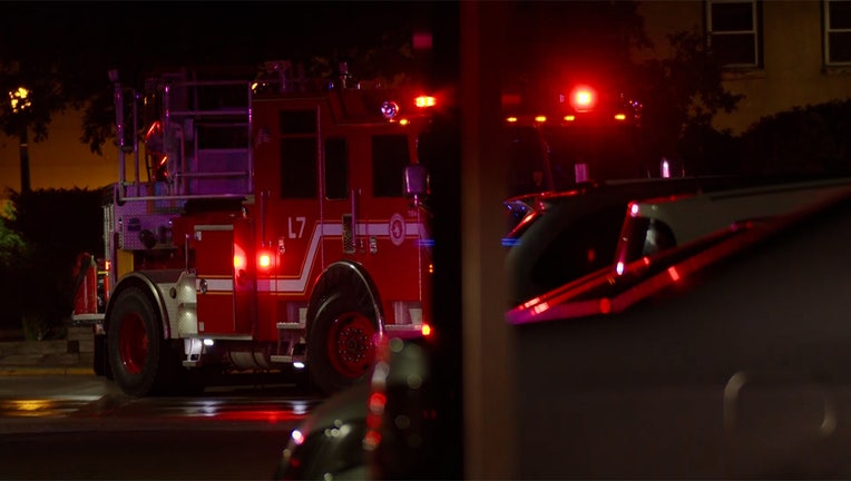 A fire truck at Minneapolis Public Housing Authority's Parker Skyview complex, responding to an early morning fire that left one resident with serious burn injuries. (FOX 9)