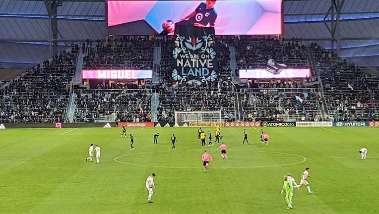 Anishinaabe artist Sarah Agaton Howes designed the April 19 TIFO, drawing inspiration from traditional Native beadwork and weaving with the message 