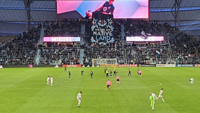 Anishinaabe artist Sarah Agaton Howes designed the April 19 TIFO, drawing inspiration from traditional Native beadwork and weaving with the message