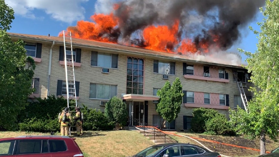 Firefighters from the Saint Paul Fire Department combat a major blaze at a Saint Paul Avenue apartment building on July 8. The fire, suspected to be caused by fireworks, resulted in significant property damage and displacement of residents. (Image courtesy of the St. Paul Fire Department)