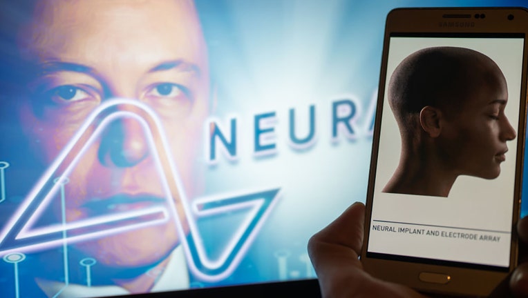 FILE - Neuralink logo displayed with founder Elon Musk seen on screen in the background. (Photo Illustration by Jonathan Raa/NurPhoto via Getty Images)