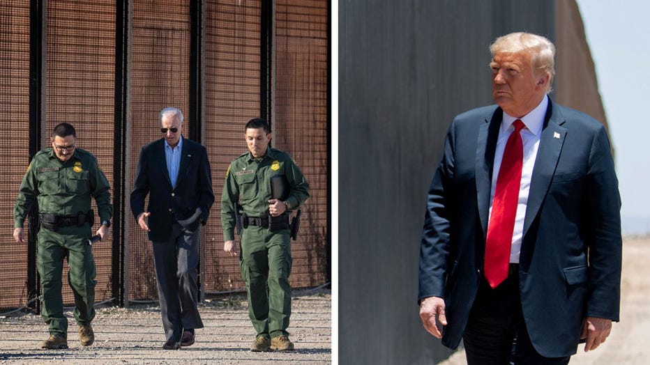 FILE - US President Joe Biden speaks with US Customs and Border Protection officers as he visits the US-Mexico border in El Paso, Texas, on January 8, 2023, alongside US President Donald Trump participating in a ceremony commemorating the 200th mile of border wall at the international border with Mexico in San Luis, Arizona, June 23, 2020. (Photos by JIM WATSON & SAUL LOEB/AFP via Getty Images)