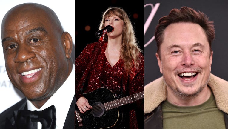 Magic Johnson, Taylor Swift and Elon Musk are pictured in file images. (Credit: Getty Images)
