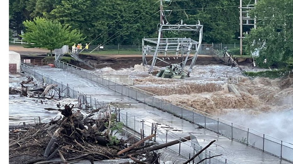 Xcel Energy substation washed away at the Rapidan Dam in south central Minnesota. Photo credit: Xcel Energy