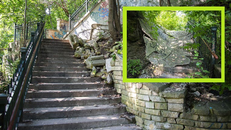 Two photos show extensive deterioration to the steps the lead down viewing areas at Minnehaha Falls. One photo shows bricks from the wall collapsed while the other shows debris covering a flight of stairs.